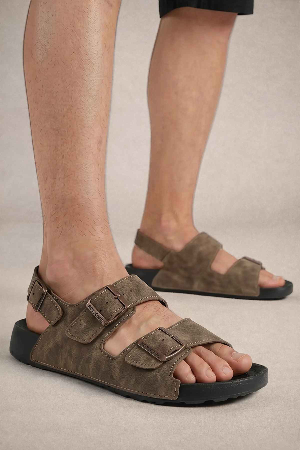 Men's brown slide sandals with two buckled straps and open-toe design