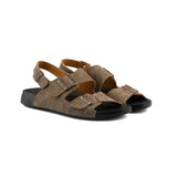 Pair of men's brown suede sandals with three adjustable straps and flat sole