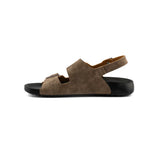 Men's RJ beige sandals with open toe, ankle strap, and black rubber sole