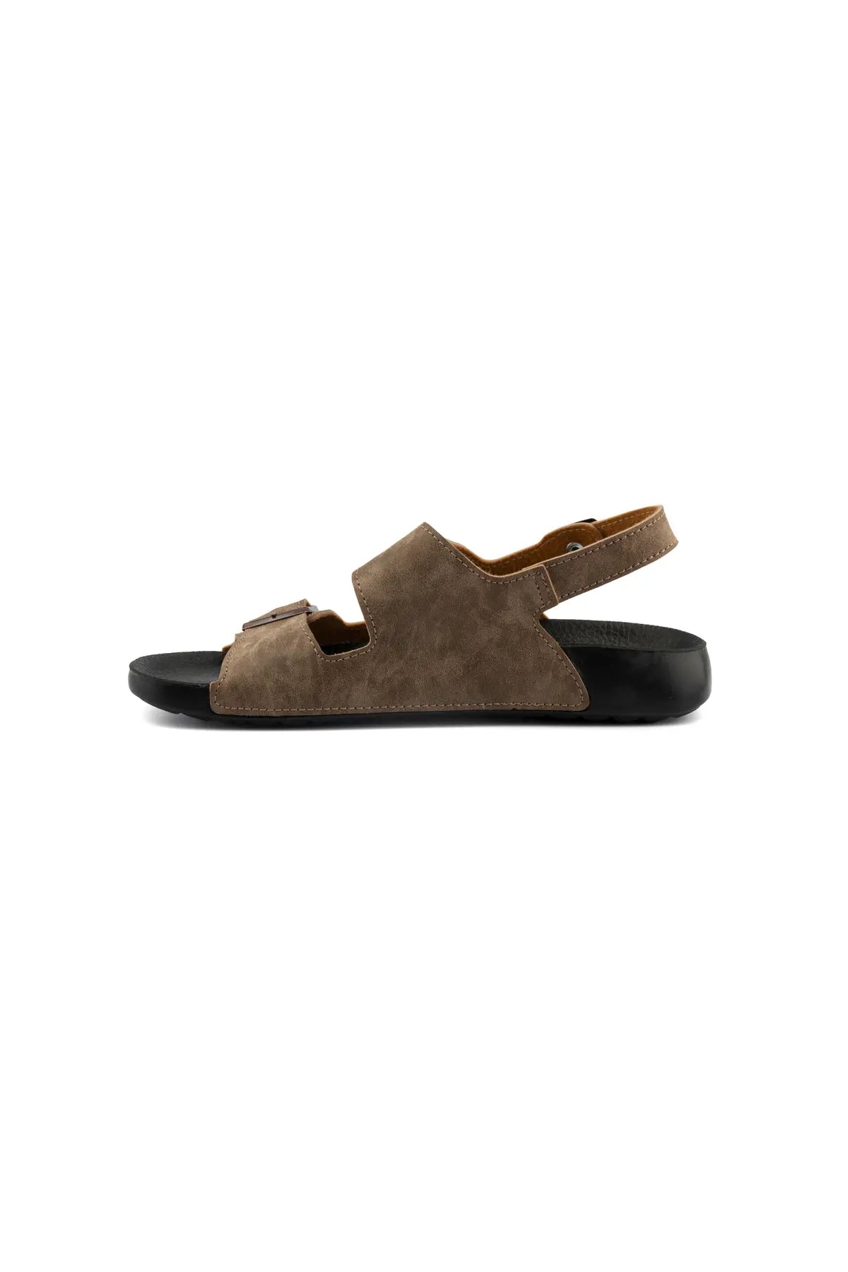 Men's RJ beige sandals with open toe, ankle strap, and black rubber sole