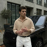 Men's LV beige button-up shirt with collar, long sleeves, and front button placket