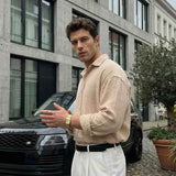 Men's LV beige textured button-up shirt, long sleeves, collared neckline