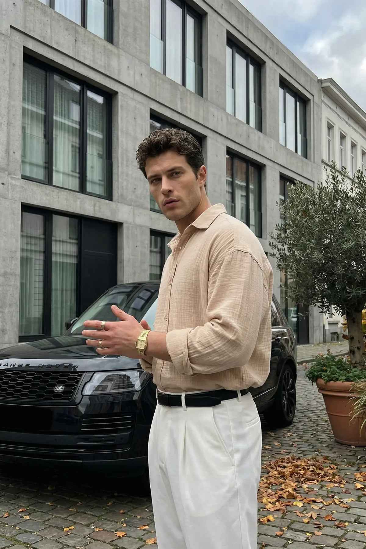 Men's LV beige textured button-up shirt, long sleeves, collared neckline