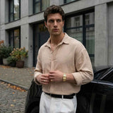 Men's LV beige button-up shirt with collar, long sleeves, and chest button details