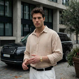 Men's LV beige long-sleeve button-up shirt with collared front and button placket