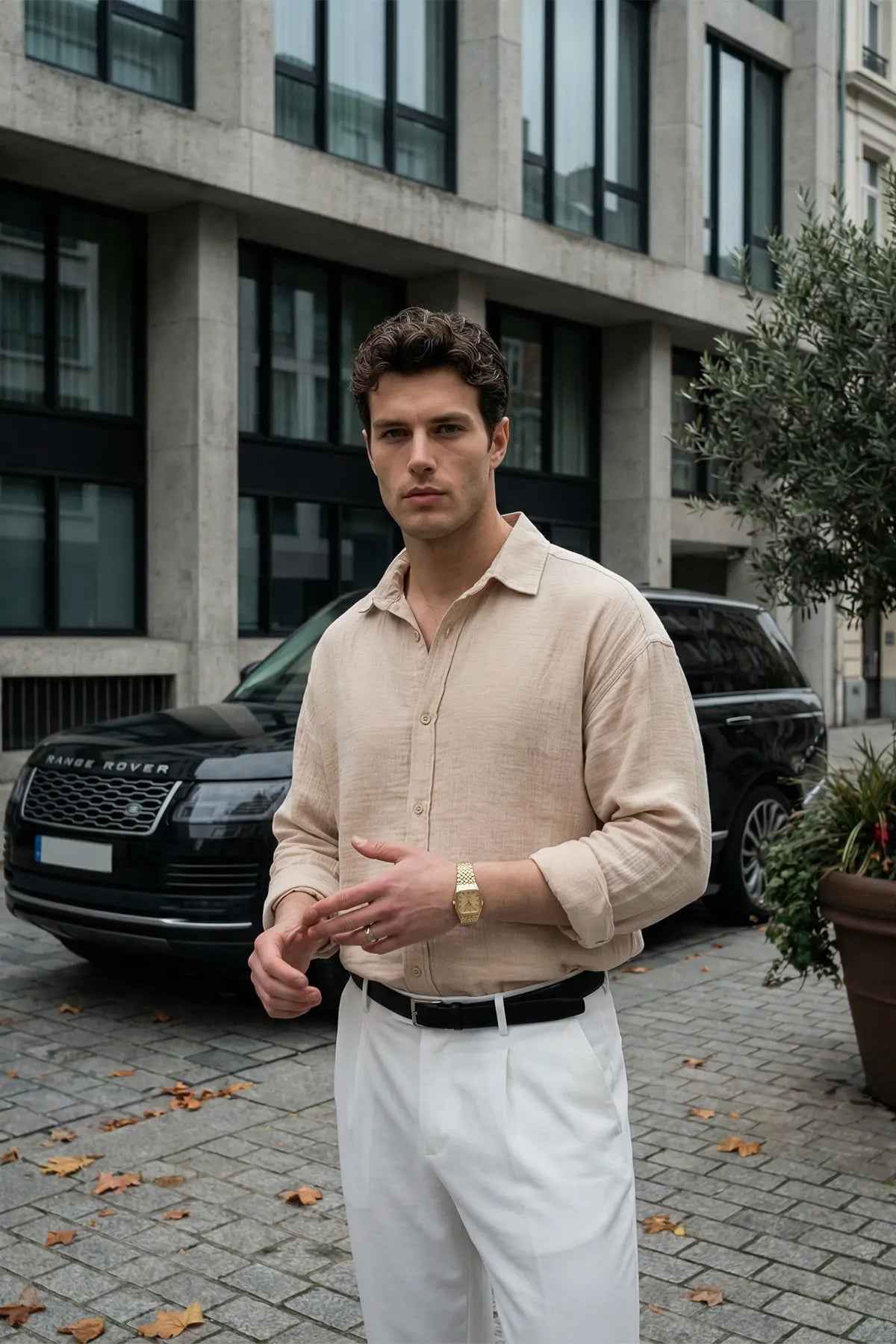 Men's LV beige long-sleeve button-up shirt with collared front and button placket