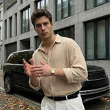 Men's LV beige button-up shirt with collar and long sleeves, subtle textured weave