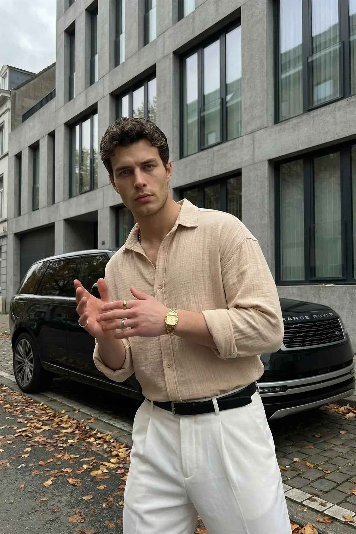 Men's LV beige button-up shirt with collar and long sleeves, subtle textured weave