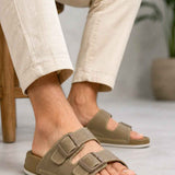 Men's beige open-toe slide slippers, side view with two wide straps
