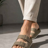 Men's beige open-toe slide slippers with two adjustable hook-and-loop straps