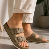 Men's beige open-toe slippers with two straps and cushioned sole, front angle