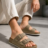 Men's beige open-toe slippers, low-profile slide with two adjustable straps