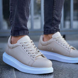 Men's Apollo beige sneakers, side view with lace-up design and light blue sole