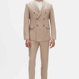 Beige striped men’s suit jacket, double-breasted with notch lapels and flap pockets.