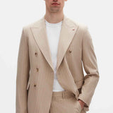Beige striped men’s suit blazer with notch lapels and double-breasted button front.