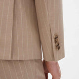 Beige striped men’s suit trousers with side seams and hem, button closure.