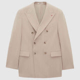 Beige striped men’s suit blazer, double-breasted with flap pockets and long sleeves.