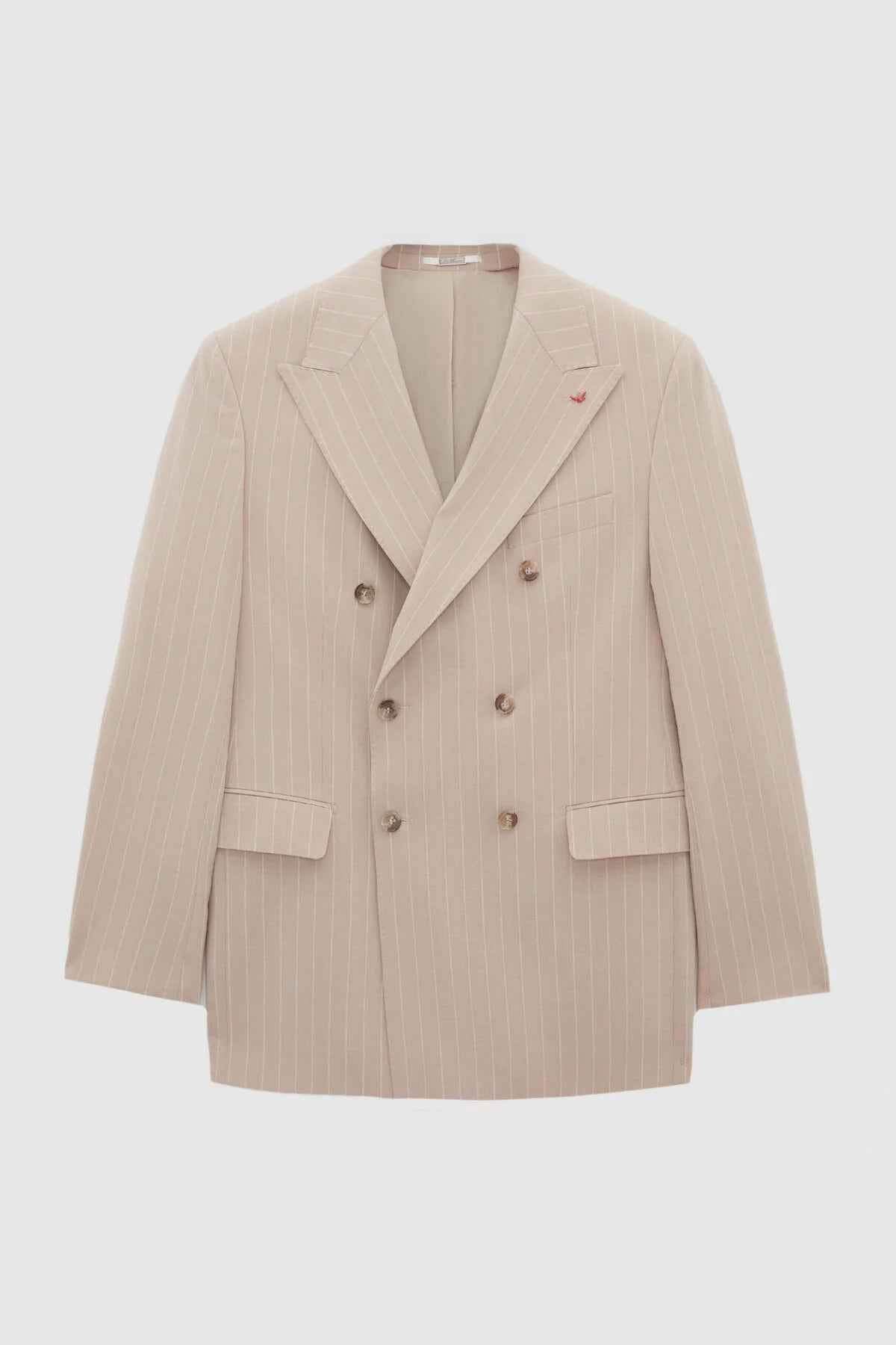 Beige striped men’s suit blazer, double-breasted with flap pockets and long sleeves.