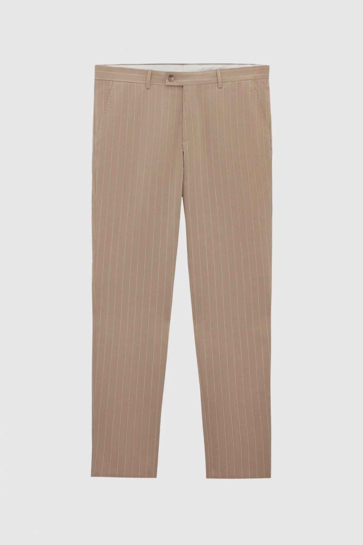 Beige striped men’s suit trousers with belt loops and buttoned waist closure.