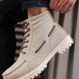 Beige suede men’s lace-up ankle boots with metal-ring lace hooks