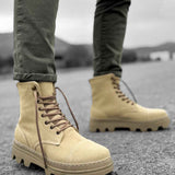 Men's beige suede lace-up boots with round toe and lug sole