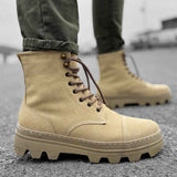 Men's beige suede lace-up boots with padded collar and rubber lug sole