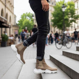 Men's beige suede ankle boots, three-quarter view, white sole