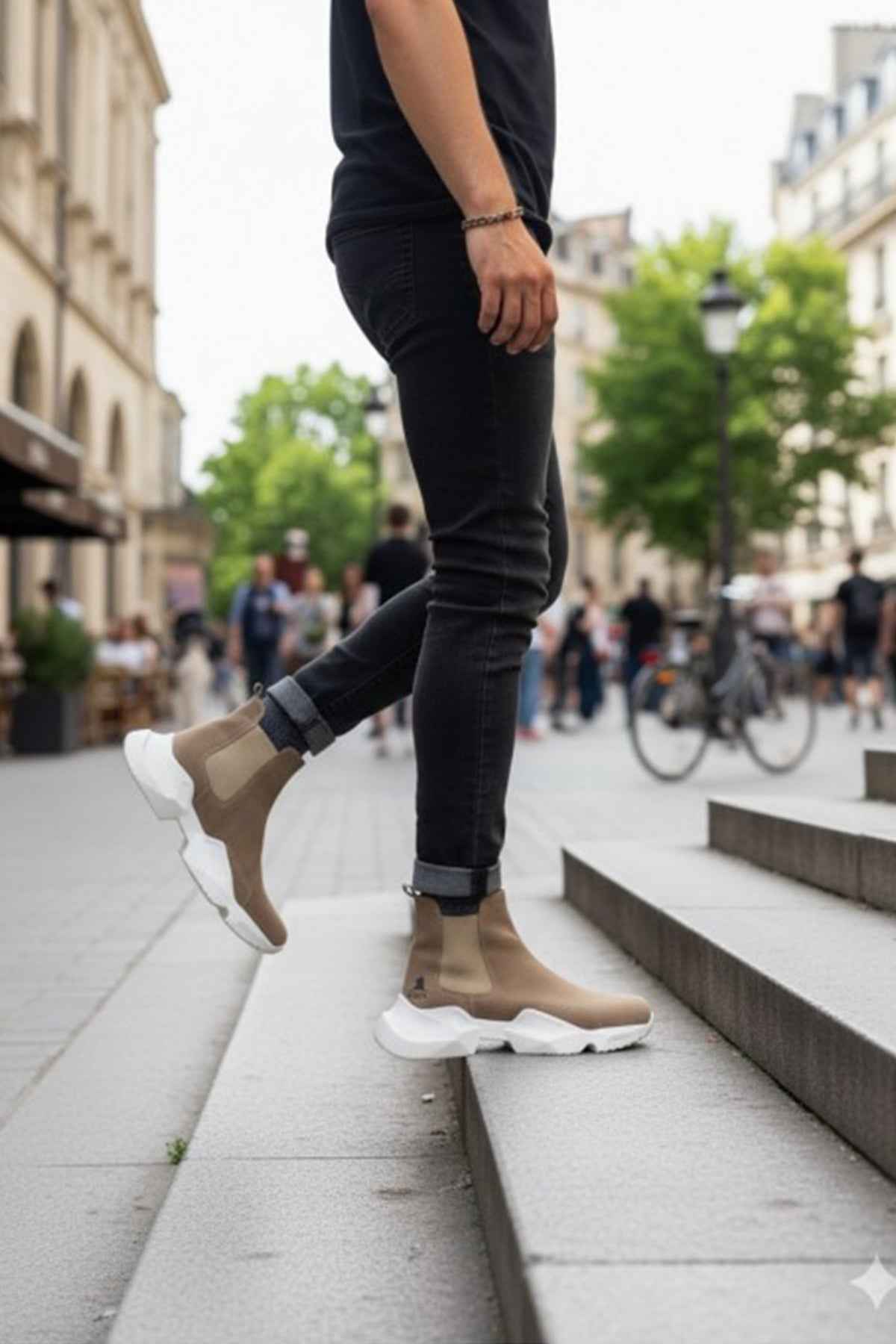 Men's beige suede ankle boots, three-quarter view, white sole