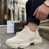Beige suede sneakers with elastic collar and chunky white platform sole