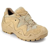 Beige tactical hiking shoe, lace-up upper, chunky tread sole
