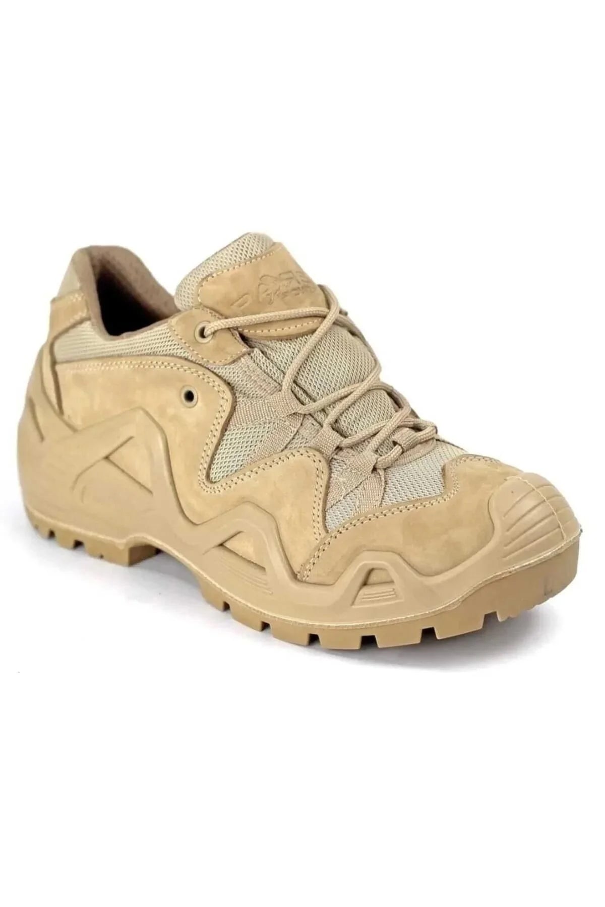 Beige tactical hiking shoe, lace-up upper, chunky tread sole