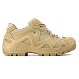 Beige tactical hiking shoe, lace-up upper with side panel details and tread