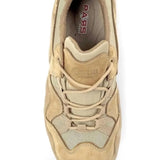 Beige lace-up hiking shoe with PRAIS logo on tongue and padded collar