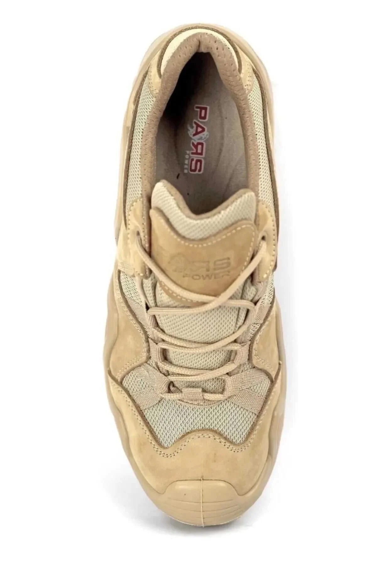Beige lace-up hiking shoe with PRAIS logo on tongue and padded collar