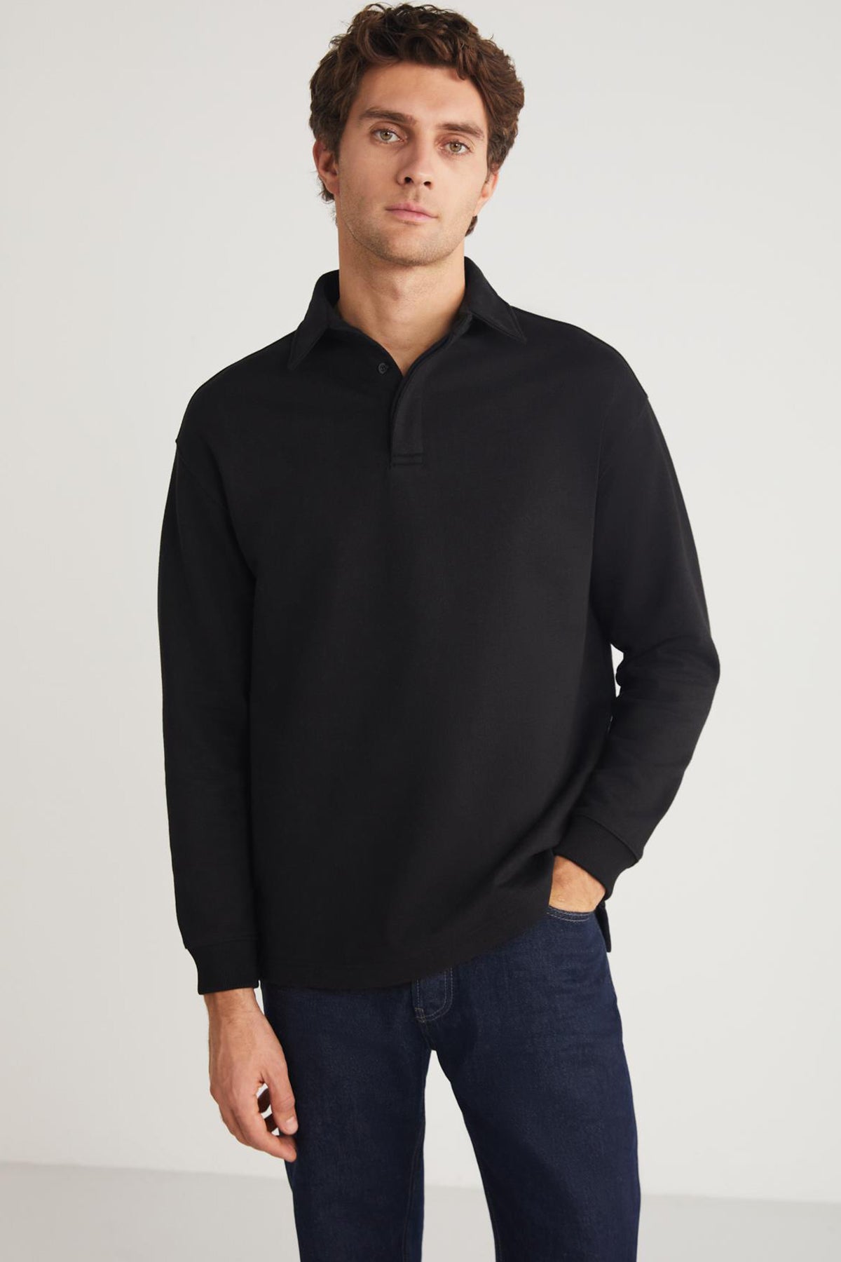 Men's black zip-up sweatshirt with stand collar and relaxed fit, JOHN