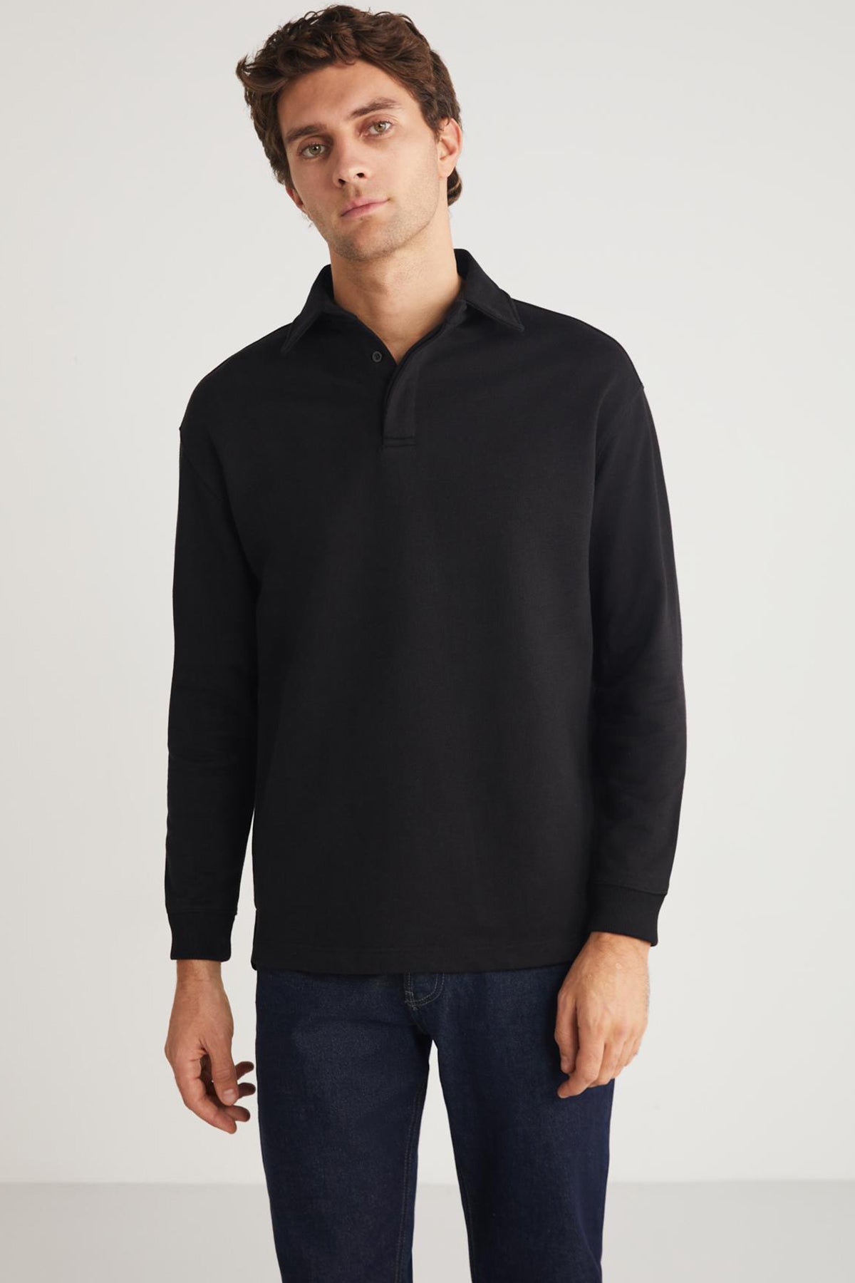 Men's black zip-up sweatshirt with half-length zipper and stand collar, JOHN