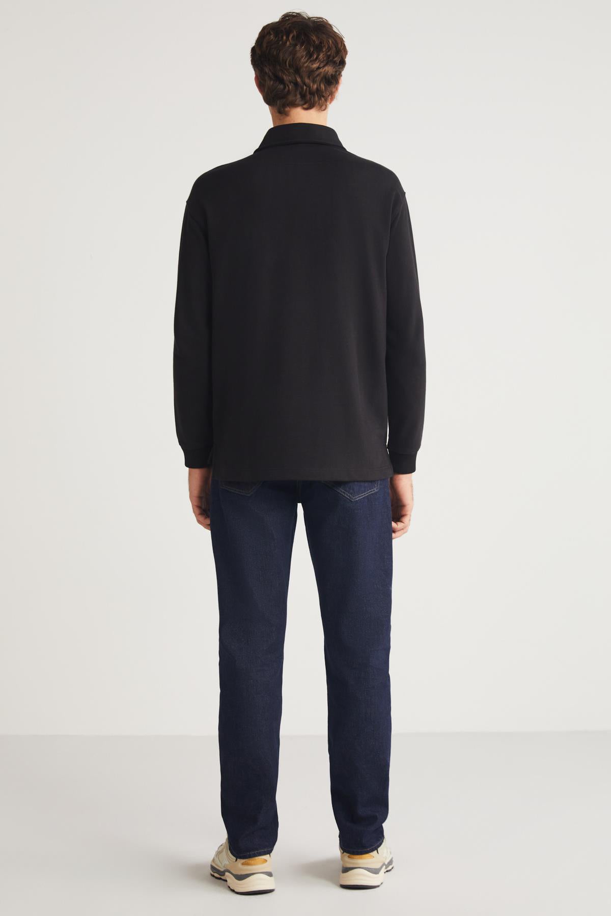 Men's black zip-up sweatshirt, back view with stand collar, JOHN