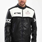 Men's black and white biker leather jacket with full-zip front and stand collar