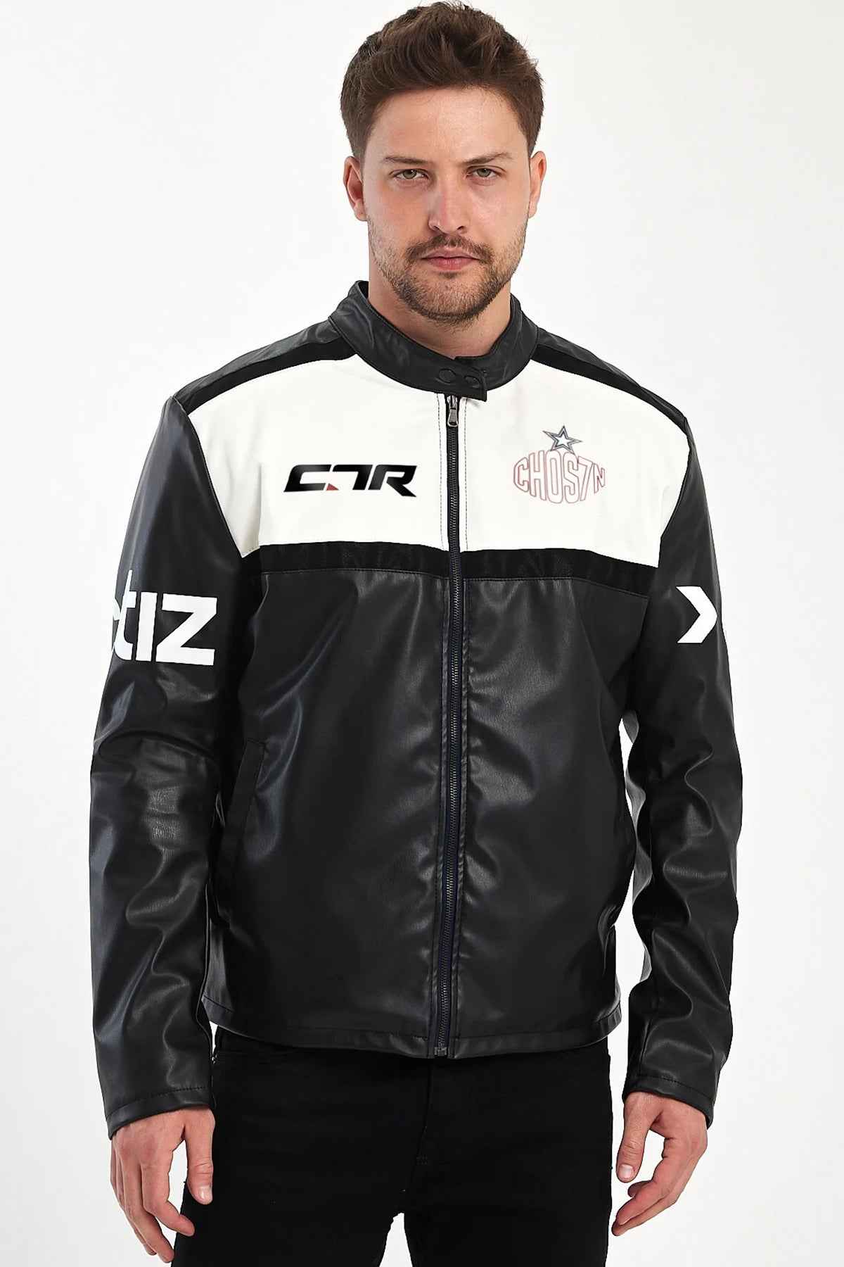 Men's black and white biker leather jacket with full-zip front and stand collar
