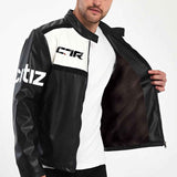 Men's black and white biker leather jacket, full-zip with two-tone panels
