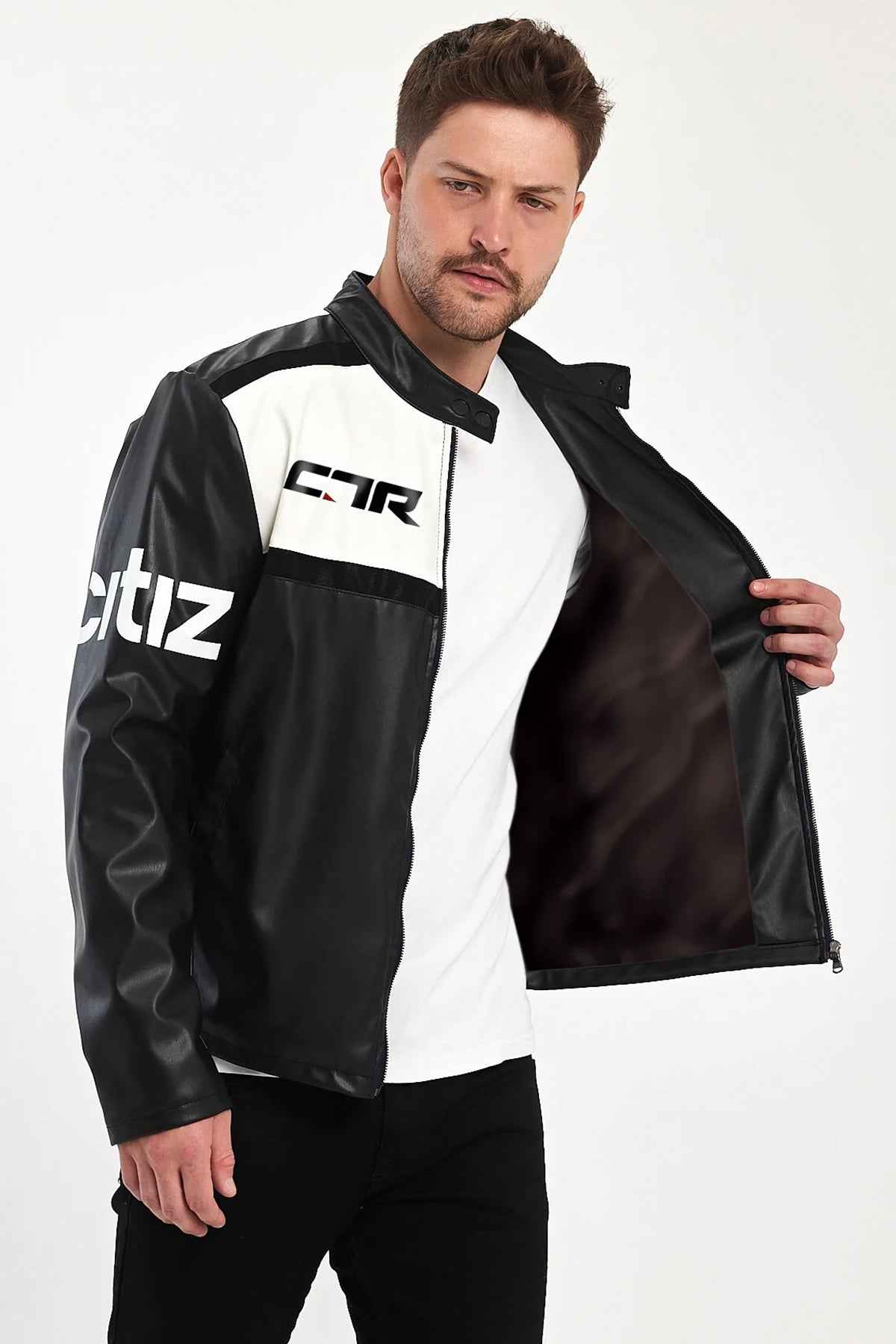 Men's black and white biker leather jacket, full-zip with two-tone panels
