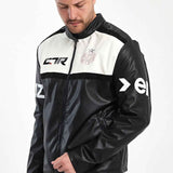 Men's biker leather jacket with white front panel, black sleeves, full-zip