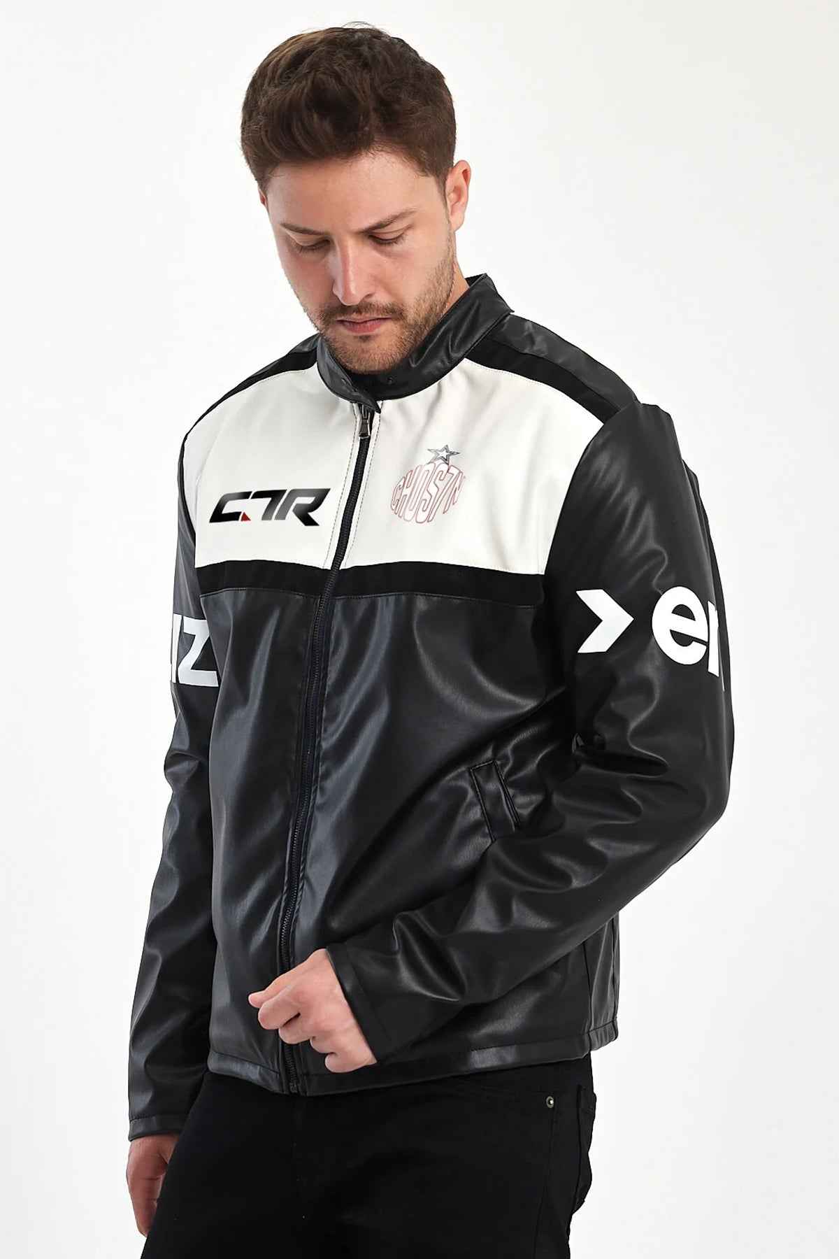Men's biker leather jacket with white front panel, black sleeves, full-zip