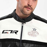 Men's biker leather jacket close-up: white chest panel with CTR and crest