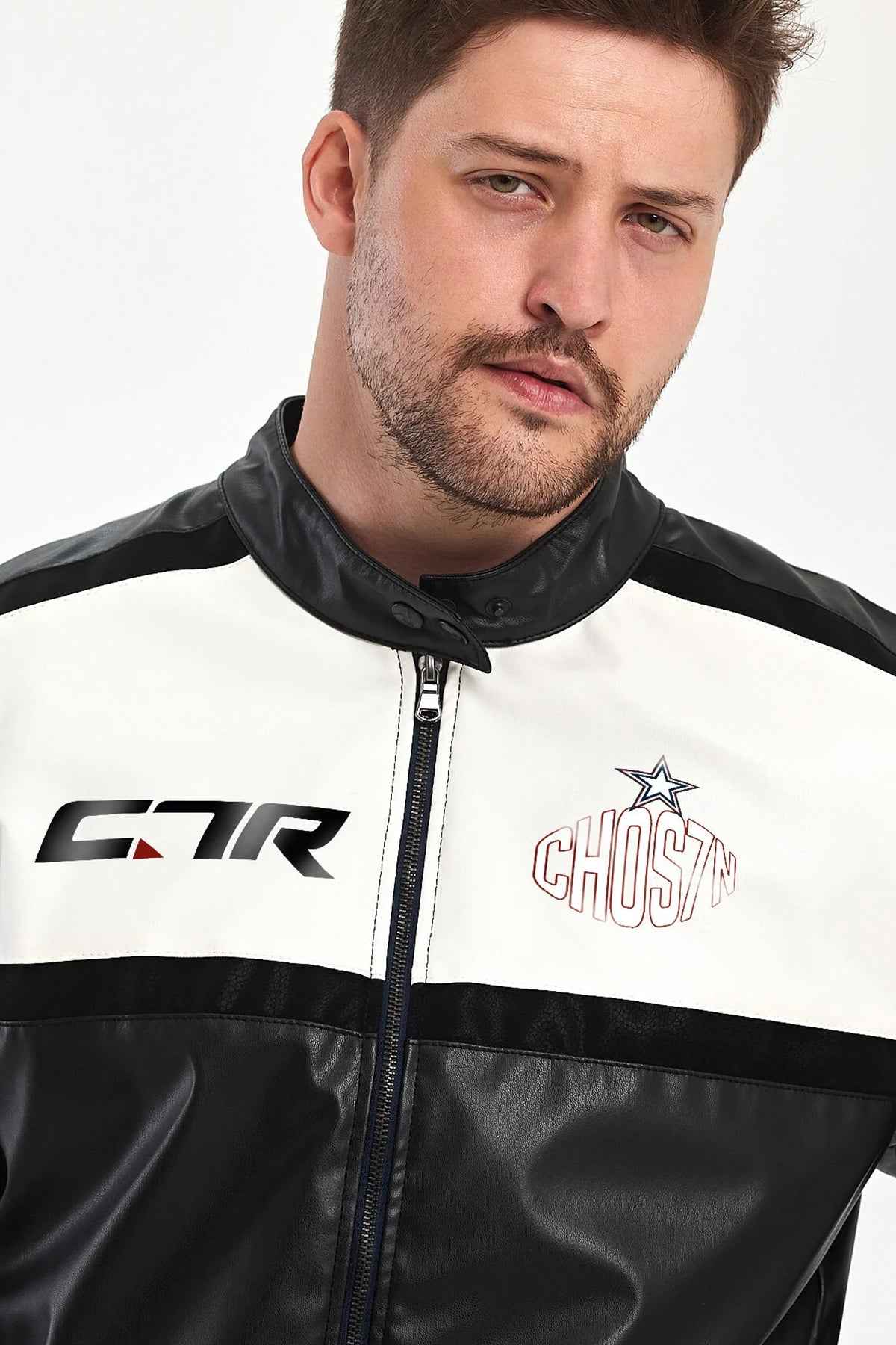 Men's biker leather jacket close-up: white chest panel with CTR and crest