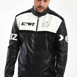 Men's black and white biker leather jacket, full-zip front with chest logos