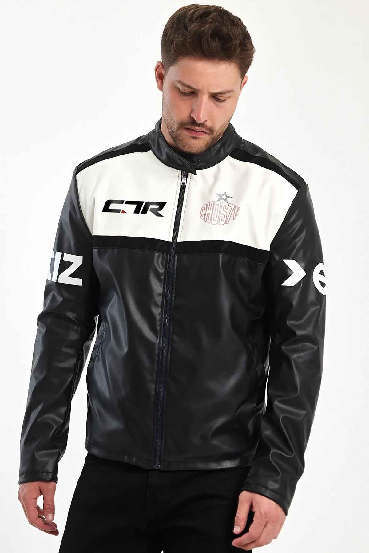 Men's black and white biker leather jacket, full-zip front with chest logos