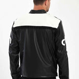 Men's biker leather jacket back view with black center panel and white shoulders