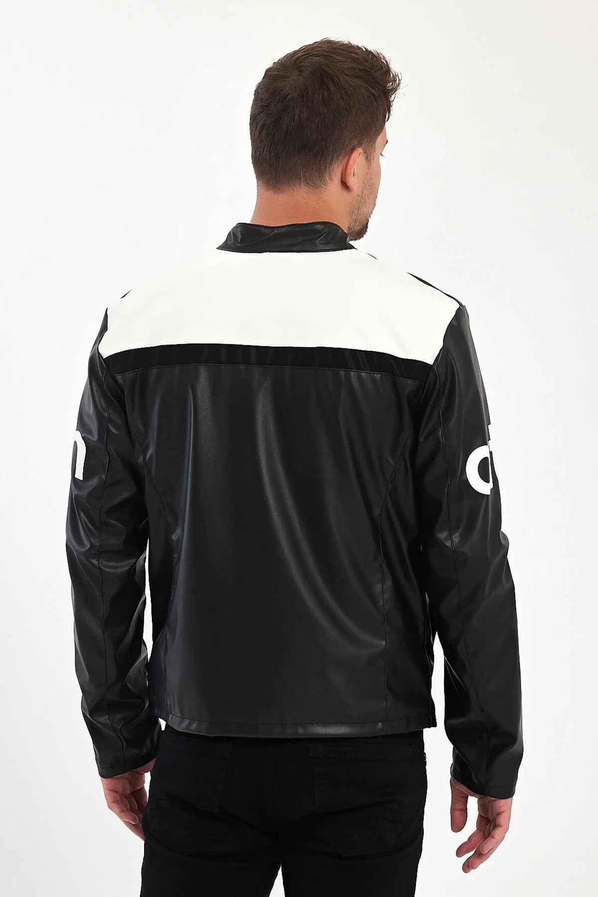 Men's biker leather jacket back view with black center panel and white shoulders