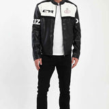 Men's biker leather jacket with white center stripe, logo accents, full-zip front